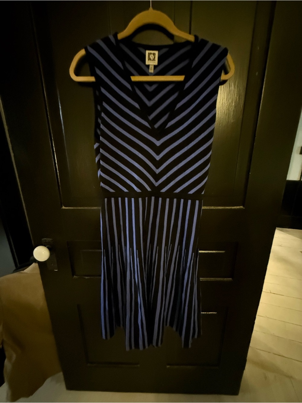 Anne Klein Black and Blue Striped V-Neck Midi Dress with Chevron Bodice